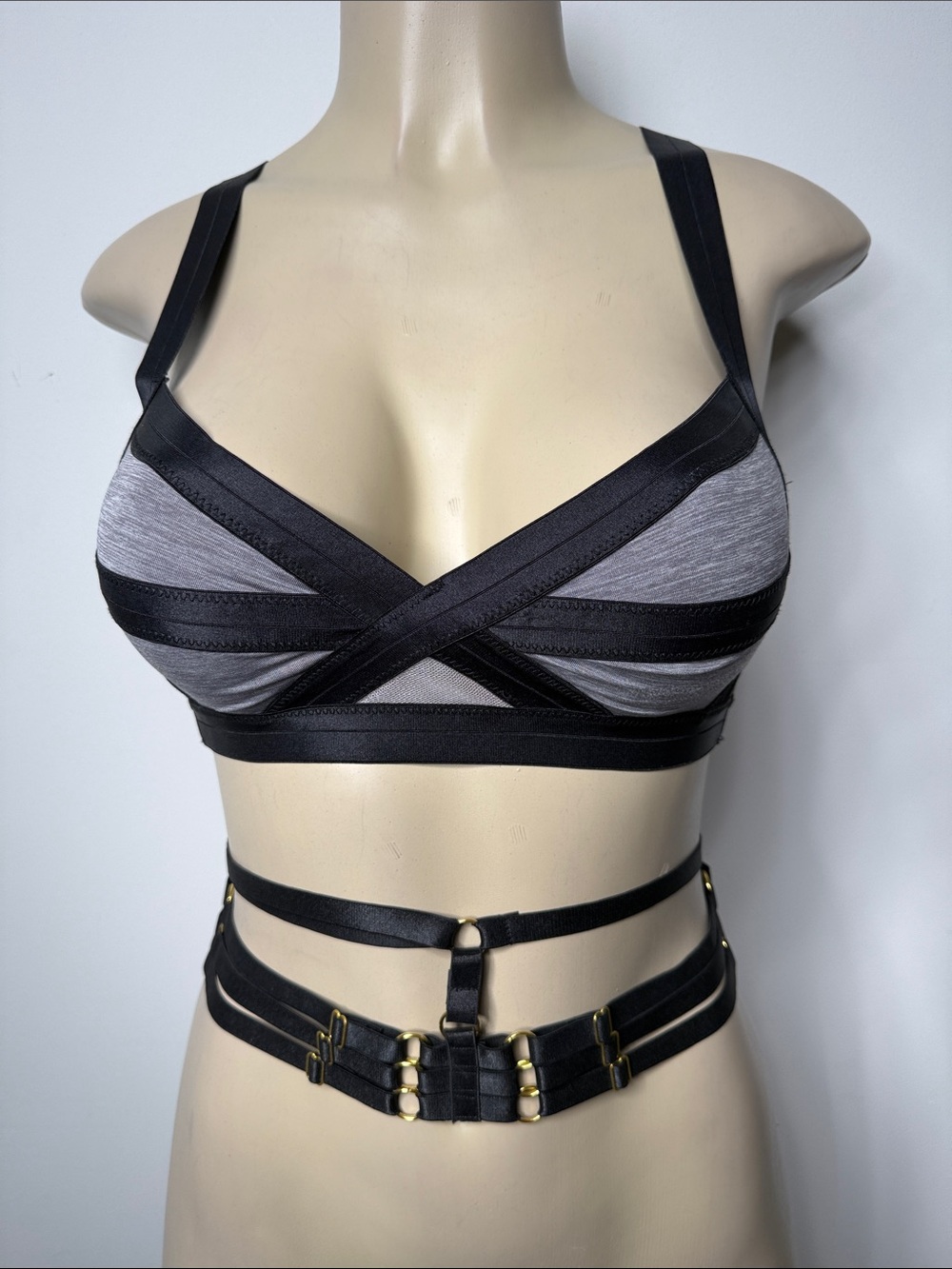 H&M Grey and Black Strappy Bralette with Waist Harness